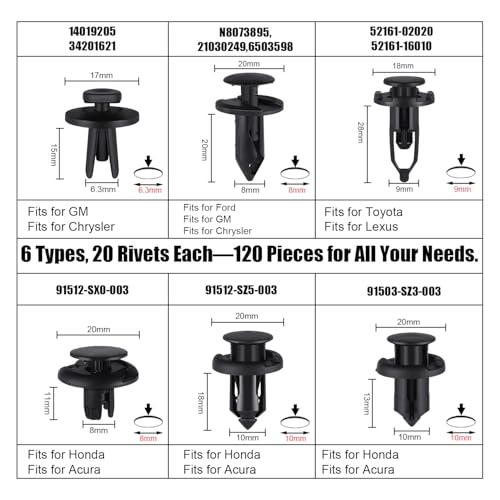 LivTee 120pcs Retainer Clips Push Type Fasteners 6.3mm 8mm 9mm 10mm Expansion Screws Replacement Kit Bumper Push Rivet Clips with Remover Tool - size: 120+1(Not Specified)