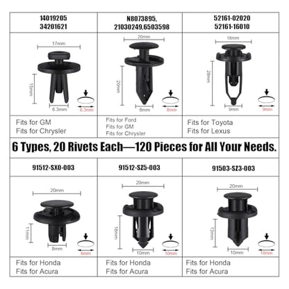 LivTee 120pcs Retainer Clips Push Type Fasteners 6.3mm 8mm 9mm 10mm Expansion Screws Replacement Kit Bumper Push Rivet Clips with Remover Tool - size: 120+1(Not Specified)