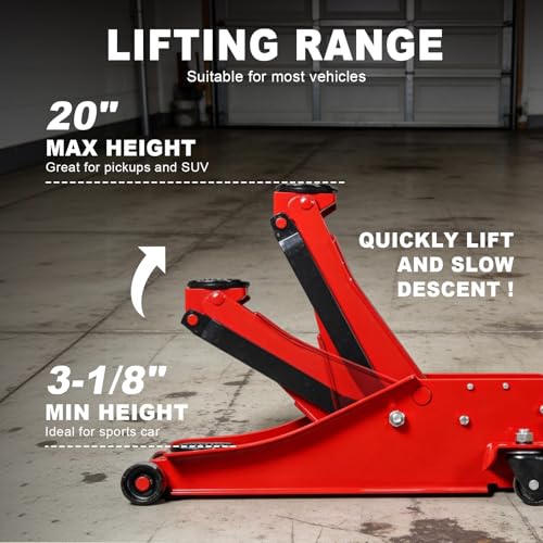Jack Boss 3 Ton Floor Jack, 6600LBS Capacity Hydraulic Car Jack, Low Profile Portable Jack with Dual Pumps, Quickly Lift Steel Service Jack, Lifting Range 3-1/8" Min to 20" Max Red - color: Red, size: 3 Ton Dual Pump