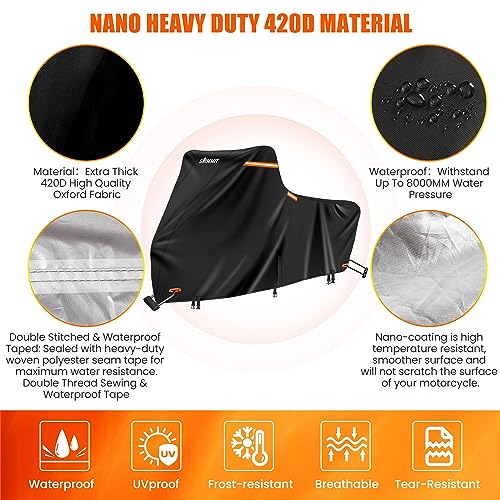 420D Motorcycle Cover Waterproof, Heavy Duty Nano Coating Rain UV,3XL - color: Black, size: 3XL(109"x44"x56")