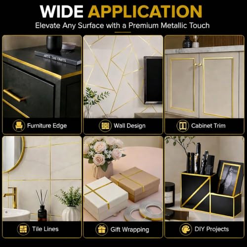 Gold Duct Tape, Metallic Mylar Film Tape, 10mm X 164 Ft. Vinyl Pinstripe Tape for Detailing Accent Wall, Wardrobe, Bathroom, Floor, Tile, Car, Graphic Arts - Stripe Stickers Decals - size: 10mm