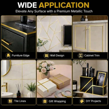 Gold Duct Tape, Metallic Mylar Film Tape, 10mm X 164 Ft. Vinyl Pinstripe Tape for Detailing Accent Wall, Wardrobe, Bathroom, Floor, Tile, Car, Graphic Arts - Stripe Stickers Decals - size: 10mm