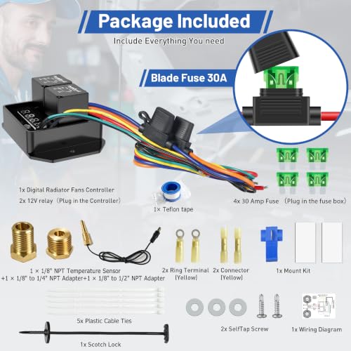12V/24V Digital Electric Radiator Fan Controller Kit with 1/8" 1/4" 1/2" NPT Thread-in Temperature Probe, Adjustable 104°F-230°F Thermostat Switch,Dual Fan Relay Harness for Cooling Systems - style: 1/8" 1/2" 1/4" NPT Digital Dual Electric Fan Relay Kit