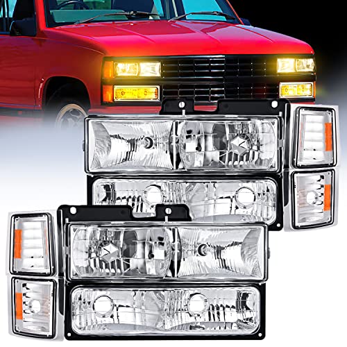 Nilight Headlight Assembly Compatible with 94-98 GMC Sierra Chevy Suburban - color: Chrome Housing+ Amber Reflector