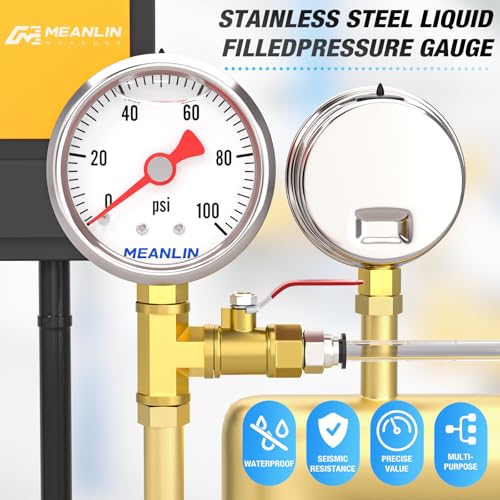 MEANLIN MEASURE 2pcs 0~100Psi Stainless Steel Liquid Filled, 1/8" NPT 1.5" Glycerin Filled Pressure Gauge, Water Oil Air, Lower Mount, with 1/4" NPT and 3/8" NPT Hex Bushing - size: 0-100Psi