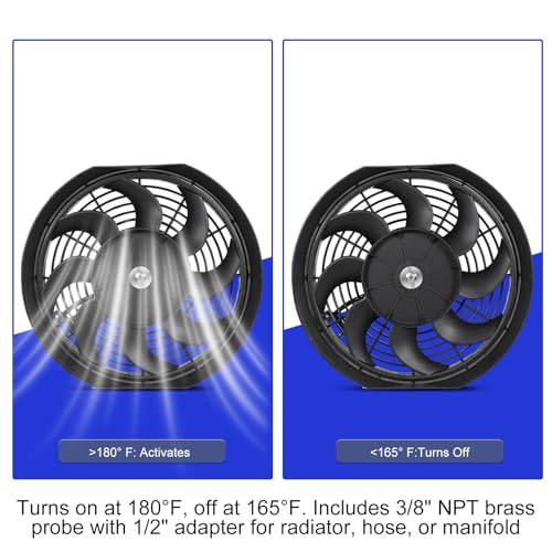 Universal 12-Inch Slim Electric Radiator Cooling Fan Kit – 12V 80W Push/Pull with Thermostat, Relay, Wiring Harness & Mounting Kit, Universal Fit – Black - size: 12 inch