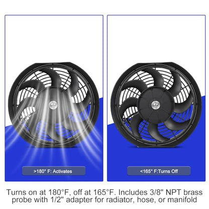 Universal 12-Inch Slim Electric Radiator Cooling Fan Kit – 12V 80W Push/Pull with Thermostat, Relay, Wiring Harness & Mounting Kit, Universal Fit – Black - size: 12 inch
