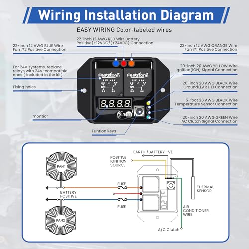 Digital Radiator Fan Switch Kit 12V/24V, Adjustable 104°F-230°F w/Dual Electric Fan Switch Kit Replace #0444, Dual Fan Control, IP54 - style: Digital Thermatic Fan Switch Kit