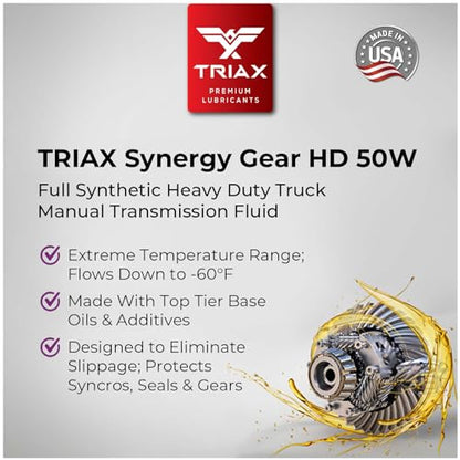 TRIAX Synergy Gear HD 50W - Full Synthetic Heavy Duty Manual Transmission Oil, Gear Lubricant, Compatible with Mack, ZF, Freightliner, 500k Miles Rating (1 Gallon) - size: 1 Gallon