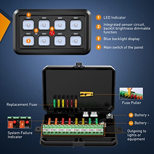 Nilight 8 Gang Switch Panel System Circuit Control Relay System Fuse Wiring Harness Automatic Dimmable ON Off LED Switch Pod for 12V Cars Trucks Campers SUV, 2 Years Warranty,Blue - color: Blue, size: 8 Gang Switch