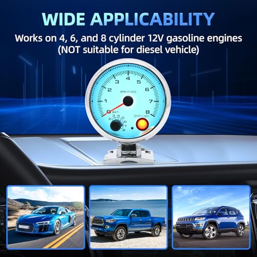 MH 3.75 inch (95mm) Tachometer with Shift Light, 8000 RPM Gauge, 7 Color Backlight Tach AUTO Gauge for 12V Car White Face - color: White