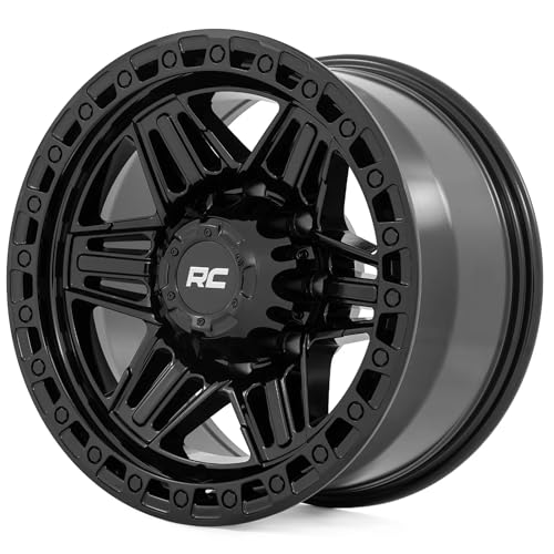 Rough Country 17x9 Series 76 Wheel with Simulated Beadlock - 5x5.5, +0mm OffSet - Gloss Black Lightweight Aluminum Off-Road Wheel for Jeep & Truck - size: 5x5.5, +0mm Offset