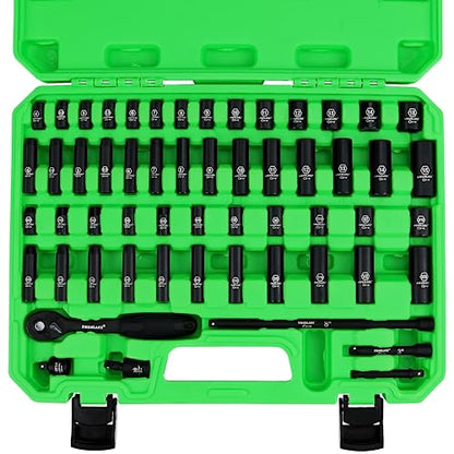 SWANLAKE 1/4" Drive Impact Socket Set, 56-Piece Standard SAE (5/32 to 9/16 inch) and Metric (4-15mm) Size, 6 Point, Cr-V, 1/4-Inch Drive Ratchet Handle, Drive Extension Bar, Impact Universal Joint - style: 1/4'' 56PCS
