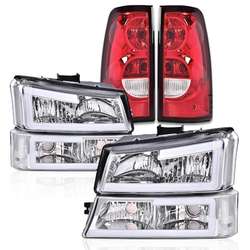 G-PLUS LED DRL Headlights & Tail Lights Fit Silverado 1500 2500 & HD 03-06 - color: Clear Lens Chrome Housing Clear Reflector & Red, size: C LED