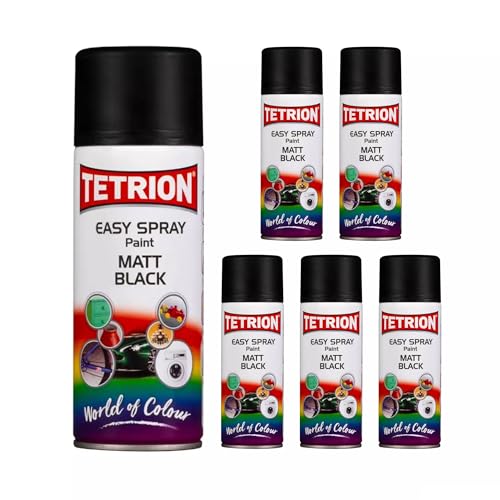 Tetrion Easy Spray Paint - Matt Black 400ml (Pack of 6) - All-Purpose Fast Drying Acrylic Spray for Wood, Metal, Plastic, Ceramic & More, Smooth Base Coat - Indoor & Outdoor Use, 13.5 Oz - color: Black (Matt), size: 13.53 Ounce (Pack of 6)