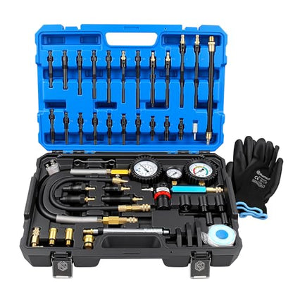 Kuntech 46PCS Compression & Leak Down Tester Kit Dual-Gauge for Petrol/Diesel Engines, Cylinder Leak Detector with Quick-Connect Hose, Compression Tester Kit for HDI, TDCi, Pumpe Duse Engine