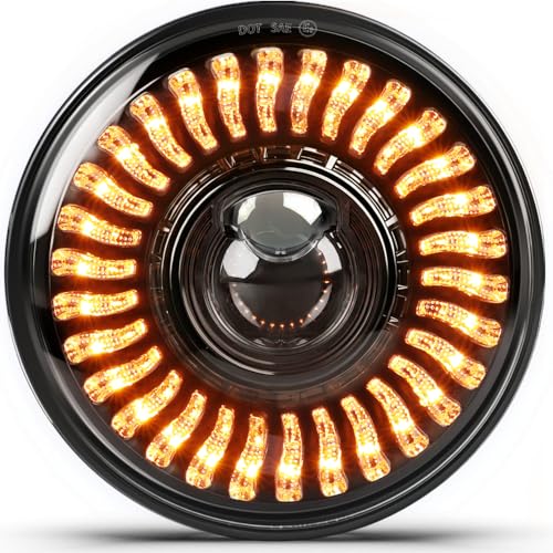 MGLLGHT 7 Inch LED Headlight Motorcycle High/Low Beam 1000% Bright DRL Amber Turn Signal, Projector Angel Eyes Compatible with Electra Glide Tour FLD Softail Street Glide Road King - color: Sun Design