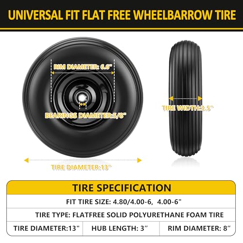 13 Inch No Flat Wheelbarrow Tire, 4.00-6 Flat Free Solid Replacement Wheel with 5/8" & 3/4" Bearings, 1.75"-6" Adjustable Hub for Wheelbarrow, Gorilla Cart, Garden Cart | 2-Pack