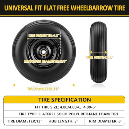 13 Inch No Flat Wheelbarrow Tire, 4.00-6 Flat Free Solid Replacement Wheel with 5/8" & 3/4" Bearings, 1.75"-6" Adjustable Hub for Wheelbarrow, Gorilla Cart, Garden Cart | 2-Pack