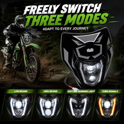DOT Dirt Bike Headlight LED With Turn Signals and Graphics Sticker-Black - color: Black with Sticker, size: With Turn Signals