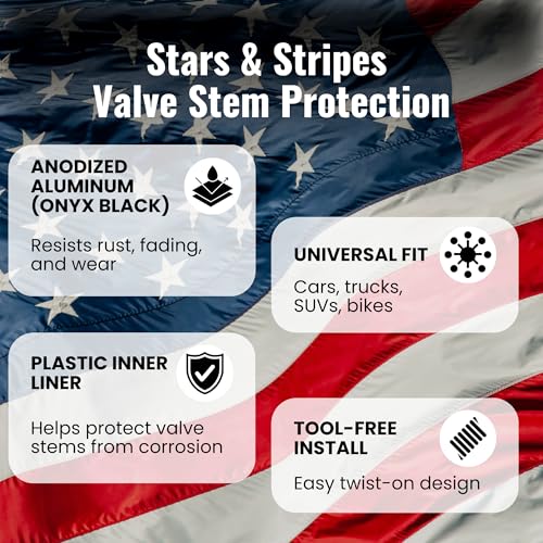 American Flag Valve Stem Caps – Onyx Black, Anti-Rust Anodized Aluminum, Universal Fit for Car, Truck, SUV, Bike – Set of 4 (Onyx Black) - color: ONYX BLACK US