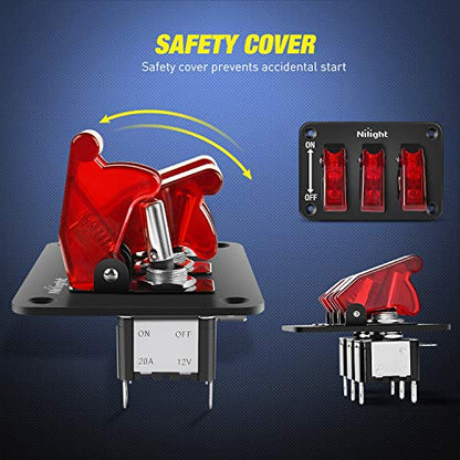 Nilight 3 Gang Toggle Switch 12V Rocker Switch Panel with LED Light and Flip Cover Heavy-Duty ON/Off Switch Plate 3 Pin SPST，2 Years Warranty - color: Red 3 Gang