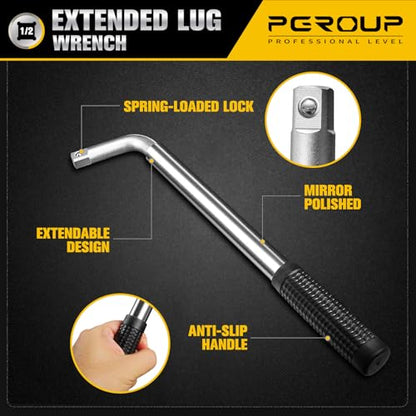 Telescoping Lug Wrench, Extended Lug Wheel Wrench with 17mm/19mm(3/4”), 21mm(13/16”)/22mm(7/8”) Chrome Vanadium Steel Sockets for Car, Truck, Vans