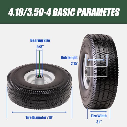 4.10/3.50-4 Tire & Wheel Flat Free, 2 Pcs Heavy Duty Solid PU Non-inflated Tires with Double Sealed Bearings, 5/8 in Axle Bore Hole & 2.15 in Offset Hub for Dolly/Garden Cart/Wheelbarrow/Wagon - size: 2 Pack Tires
