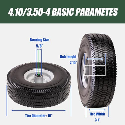 4.10/3.50-4 Tire & Wheel Flat Free, 2 Pcs Heavy Duty Solid PU Non-inflated Tires with Double Sealed Bearings, 5/8 in Axle Bore Hole & 2.15 in Offset Hub for Dolly/Garden Cart/Wheelbarrow/Wagon - size: 2 Pack Tires