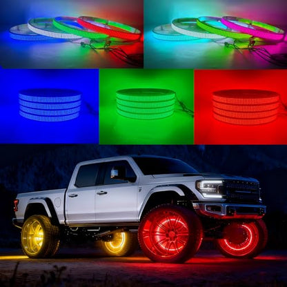 Surper Bright New 17in RGBW 4 Row Wheel Lights for Truck,APP RF 4-Zone Control,High Density 2592 LEDs RGB+White Wheel Ring Light,Brake & Courtesy Function,Music Sync Dynamic Car Rim Tire Lights
