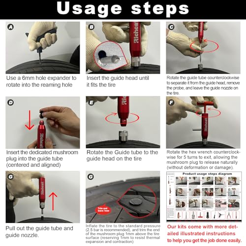 Richcat Tubeless Tire Puncture Repair Kit with Mushroom Plug, Repairs punctures and Flat Tires for Motorcycles, Cars, Trucks, ATVs and Tractors - size: 20Plugs Kit