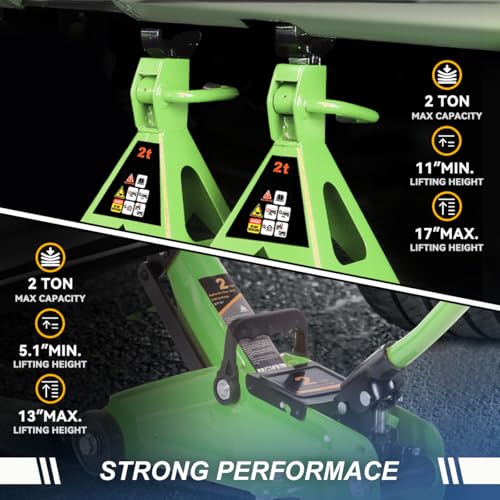 PM PERFORMOTOR Low Profile Hydraulic Trolley Service/Floor Jack Combo with 2 Ratchet Jack Stands, 2 Ton (4000 lbs) Capacity, Green,PM-TOL-FJ3P-GR - color: Green