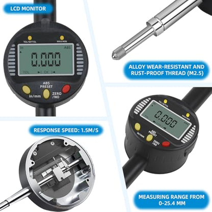 Precision Digital Dial Gauge,Dlectrical Digital Indicator Accuracy of 0.001mm/0.00005 "Metric and Imperial Measure Tool Electronic Dial Gauge with A Range of 25.4mm,for 3D Printing,CNC Machine - size: 1 in/0.001