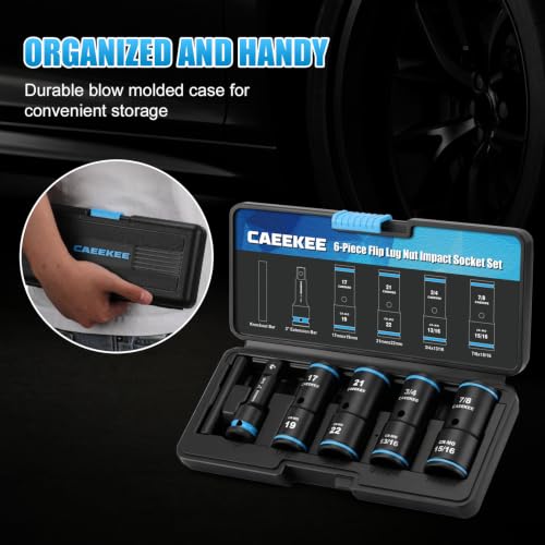 1/2" Drive Flip Lug Nut Impact Socket Set, 6PCS Dual-End Thin Wall Socket, Metric & SAE, 17, 19, 21, 22, 3/4", 13/16", 7/8", 15/16", CR-MO Steel, Includes 3" Extension Bar & Knockout Bar - size: 6PCS Standard Metric & SAE