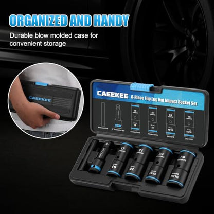 1/2" Drive Flip Lug Nut Impact Socket Set, 6PCS Dual-End Thin Wall Socket, Metric & SAE, 17, 19, 21, 22, 3/4", 13/16", 7/8", 15/16", CR-MO Steel, Includes 3" Extension Bar & Knockout Bar - size: 6PCS Standard Metric & SAE