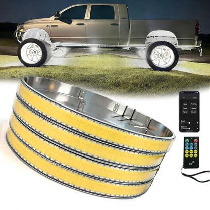 New 4Pcs 15.5in 5 Row Wheel Lights for Truck Car,150W Ultra-Bright LED Wheel Ring Light App & Remote Dual Zone Control, Waterproof IP68 Hub Rim Lights Underglow Lighting Kit - size: 15.5in 5row