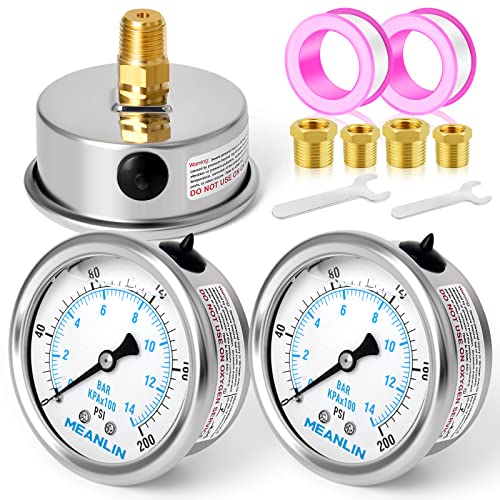 MEANLIN MEASURE 0~200Psi Stainless Steel 1/4" NPT 2.5" FACE DIAL Liquid Filled Pressure Gauge WOG Water Oil Air Back Mount (Pack of 2), with 1/2" NPT and 3/8" NPT Hex Bushing - size: 0-200Psi (2Pcs)