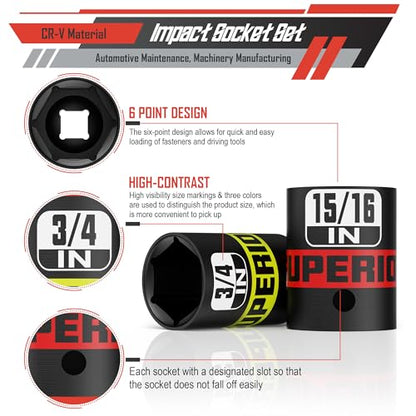 14 Piece 1/2" Drive Impact Socket Set, 3/8" - 1-1/4" Shallow Socket, SAE, 6 Point, CR-V, Automotive Maintenance, Machinery Manufacturing - size: 1/2" Shallow SAE