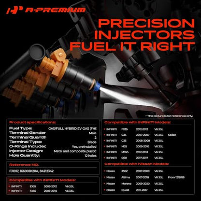 A-Premium 12 Holes Set of 6 Fuel Injectors Compatible with Nissan, INFINITI