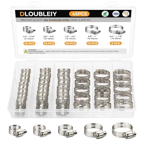 45PCS Hose Clamp Assortment Kit, Stainless Steel Worm Gear Clamps - size: 45PCS Kit (6-29mm)