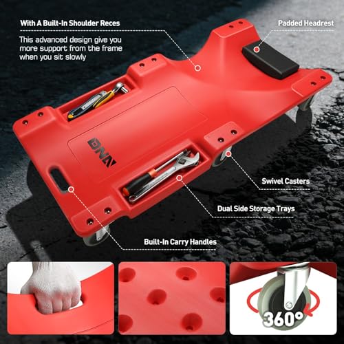 DNA MOTORING 40 Inch Mechanic Creeper, Blow Molded Low Profile Rolling Garage Creeper, w/Padded Headrest, Dual Tool Trays, 350lbs Capacity, Red, TOOLS-00005 - color: Green Wheel 40 Inches, style: 40"-RED