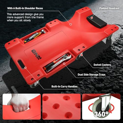DNA MOTORING 40 Inch Mechanic Creeper, Blow Molded Low Profile Rolling Garage Creeper, w/Padded Headrest, Dual Tool Trays, 350lbs Capacity, Red, TOOLS-00005 - color: Green Wheel 40 Inches, style: 40"-RED
