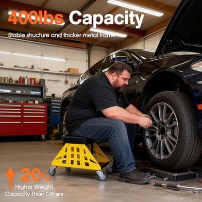 Mechanic Stool 400 LBS Capacity Garage Stool Gift for Men, Heavy Duty Rolling Mechanics Seat, Tools for Automotive Auto Repair (Yellow) - color: Yellow