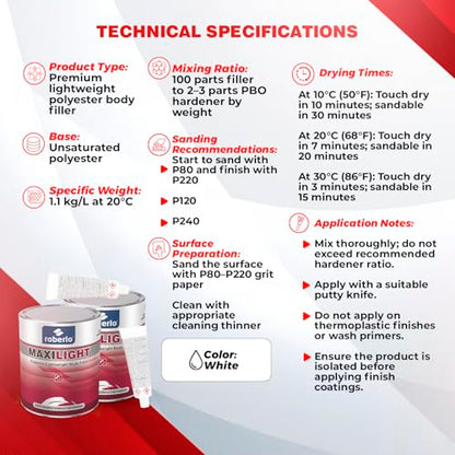 Roberlo Maxilight Superior Lightweight Body Filler - Repair for All Lengths Dents & Scratches, Perfect on Aluminum, Steel, Zinc, Galvanized & Fiberglass - Finish Putty, Smooth Finish - 3L + Hardener - size: 3 Liter (Pack of 2)