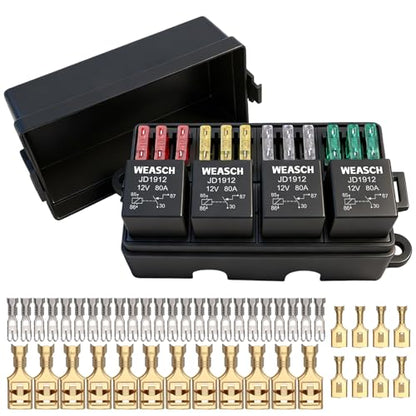 12V 12 Way Fuse Relay Box, 4x4-Pin 80Amp Relays and 12 ATC/ATO Blade Fuses, for Cars Truck Jeep - size: 80A 4 Relay 12 Fuses, style: Box