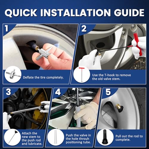 22PCS Tire Valve Stem Tool–Quick Change Valve Installer Kit with TR413/TR414 Valve Stems,Valve Stem Removal Tool,4-Way Valve Core Removal Tool,T-Handle Puller,Push Rod&Gloves–Fits Cars,Trucks and More