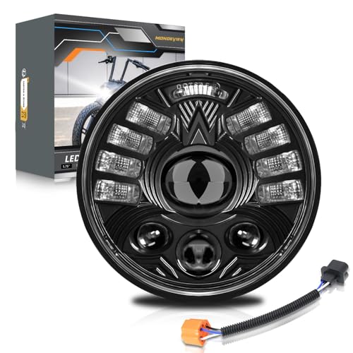 MONDEVIEW 5-3/4 5.75 Inch LED Headlight Motorcycle with High/Low Beam DRL Turn Signals Light DOT Approved Compatible with Sportster Dyna Street Bob Low Rider Wide Glide Iron 883