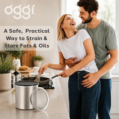Oggi Stainless Steel Jumbo Grease Container with Removable Strainer and Snug Lid. Perfect container for fryer oil, bacon drippings, lard and ghee oil. Large capacity can - 1 Gall / 4 Qt / 3.75 Lt - size: 4 Quarts