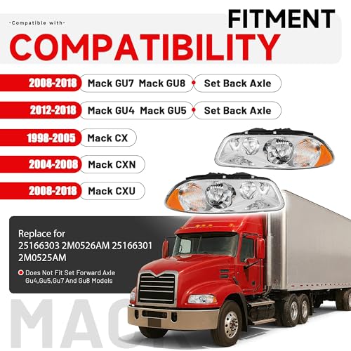 HECASA Headlight Compatible with 1998-2018 Mack CX CXN CXU GU4 GU5 GU7 GU8 - color: Clear Lens+Chrome Housing, size: Pair