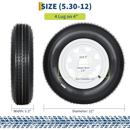 GarveeTech 5.30-12 Trailer Tire and Wheel Assembly, 4 Lug, Set of 2 - size: 5.30-12, style: 4 Lug